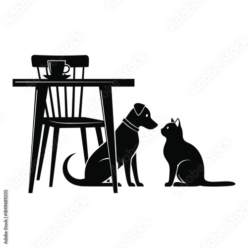 Dog and cat looking at each other beside a table and chair with a teacup