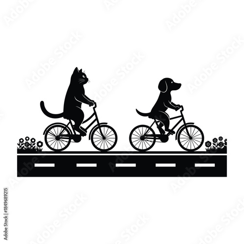 A cat and dog ride bicycles together on a road with flowers