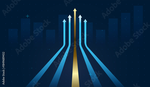 Premium blue and gold arrows rise upward, symbolizing strong financial growth and business leadership. Elegant upward arrows converge toward success