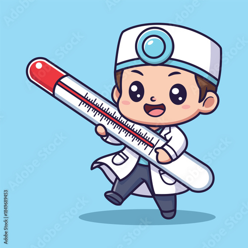 Cute Cartoon Child Dressed as Doctor Holding Giant Thermometer Vector Illustration