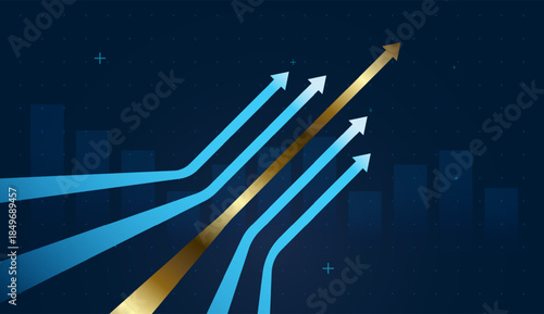 The Elegant upward arrows converge toward success, and A golden central arrow leads multiple blue arrows upward, highlighting market leadership and premium performance