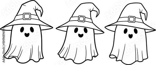 Set of three cute cartoon ghost icons wearing witch hats for Halloween seasonal decorations or children coloring book pages,