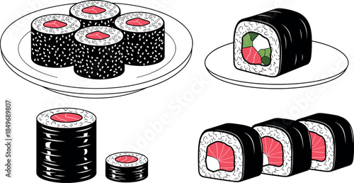Vector illustration of various sushi rolls and maki on plates for Japanese cuisine, food delivery, and restaurant menu concepts.