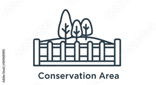 Simple outline graphic of a protected natural landscape with trees behind a fence, labeled 'Conservation Area'