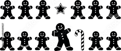 Vector set of black gingerbread man silhouettes with candy cane and star for Christmas, holiday baking, and decorations.