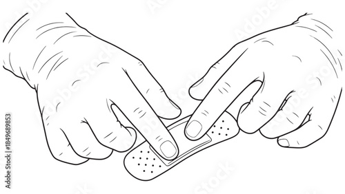 Vector line art illustration of hands applying an adhesive plaster bandage for wound care and first aid treatment