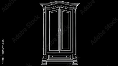 Ornate classic wooden wardrobe icon. Elegant antique armoire outline. Vintage closet furniture 3D render.