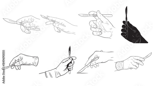Vector line art collection of different hand grip styles holding surgical scalpels for medical training and industry guide