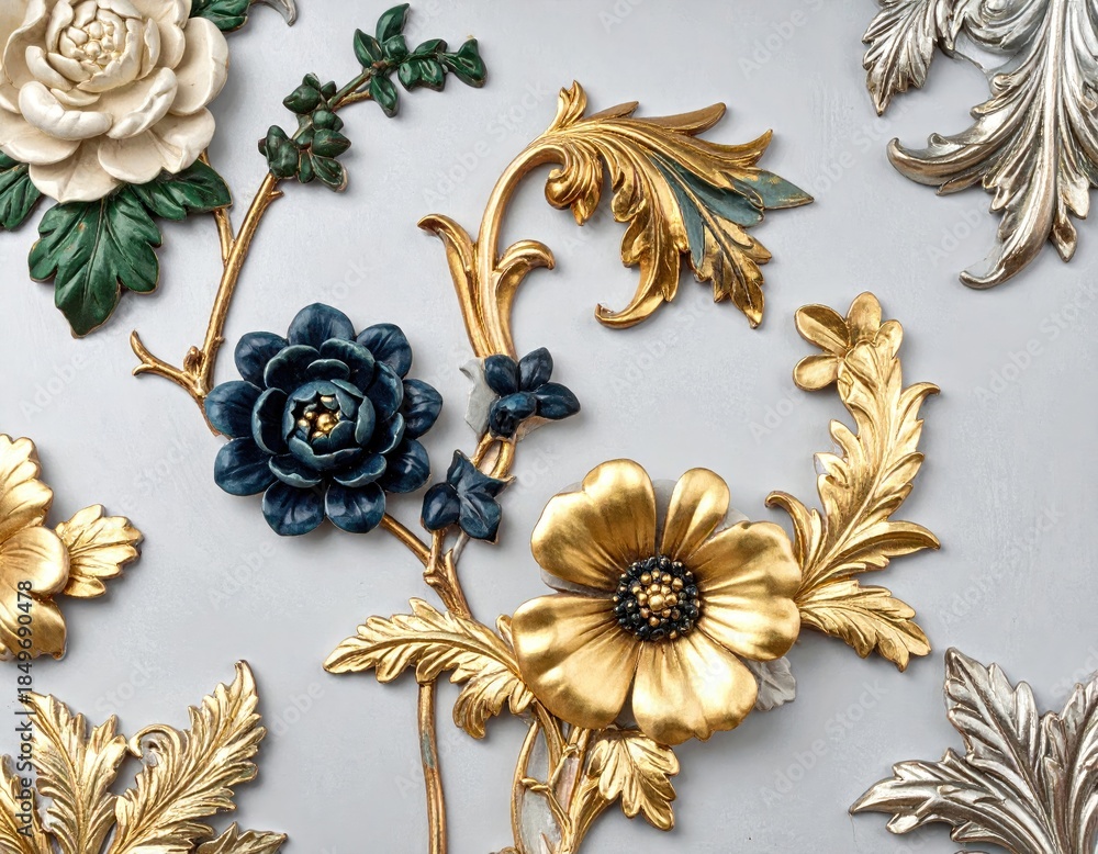 Fototapeta premium Close-up of ornate floral wall decor, gold, blue, and white