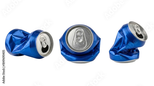 Close-up of crumpled aluminum beverage cans with vibrant blue color isolated on a transparent