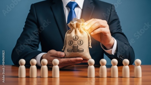 Businessman in a sharp dark suit presents a burlap money bag to wooden figures, illustrating tax collection, compensation, and profit sharing distribution