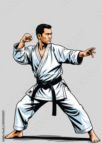 056-01-Male fighter practicing karate martial art in traditional uniform and black belt