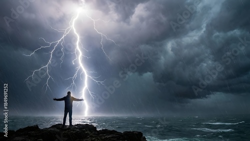 Man Standing on Cliff During Thunderstorm.