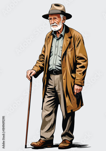 056-07-Senior man in hat and overcoat holding a walking stick, symbolizing age and wisdom
