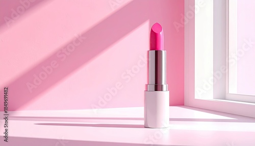 Pink lipstick stands before a pale pink wall with window light