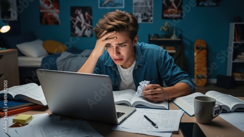 Overwhelmed young student studies late at night, feeling anxious after receiving bad news on a laptop in his modern youth room