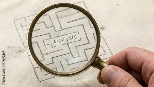 Hand holding magnifying glass over maze with analysis.
