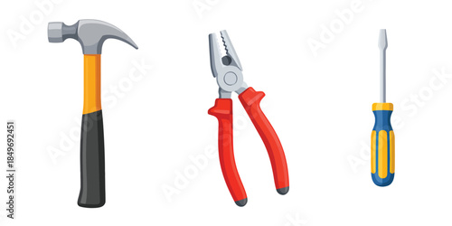 vector illustration of essential hand tools. hammer, red pliers, and blue screwdriver. Perfect for DIY, repair, workshop concepts.