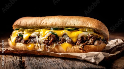 Close Up of Cheesesteak Sandwich with Jalapenos and Melted Cheese on Brown Paper with Brown Wooden Surface and Dark Background