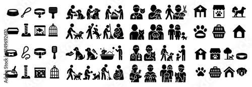 Pet care icons: grooming, training, veterinary, adoption