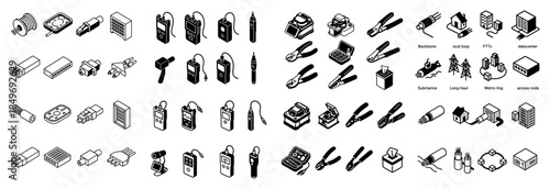 Isometric icons of telecom technology and devices