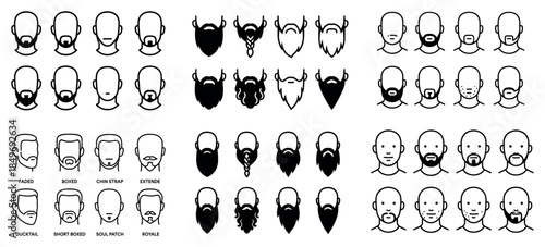Various beard styles and male face line drawings