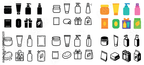 Black and white cosmetic product icons and packages