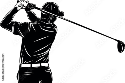 Black and white vector illustration of a male golfer swinging a golf club for sports, fitness, and exercise.