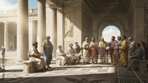 Ancient Greek philosophers debating serious intellectual concepts in academy.