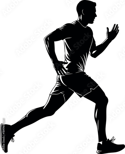Black and white vector illustration of a male runner jogging for sports, fitness, health, exercise, and active lifestyle.