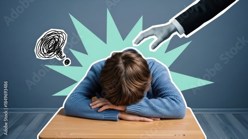 Young pupil lies distressed on a wooden school desk, overwhelmed by bullying, phobia, and impolite classmates, representing modern mental health challenges in a collage