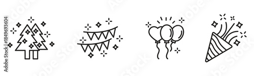 Festive celebration and party line icons with christmas trees, balloons, banners, and a popper