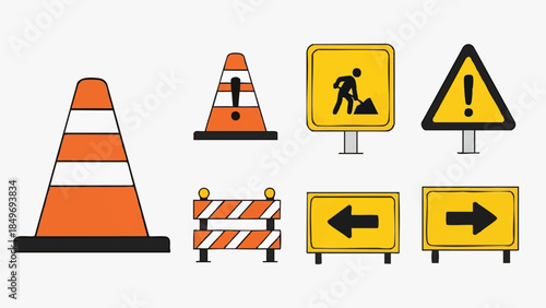 roadwork safety signs and traffic cones set.