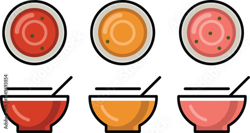 Assortment of colorful bowls of soup with spoons warm and comforting liquid meals for any occasion