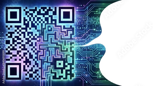 Futuristic QR Code with Circuit Board Background.
