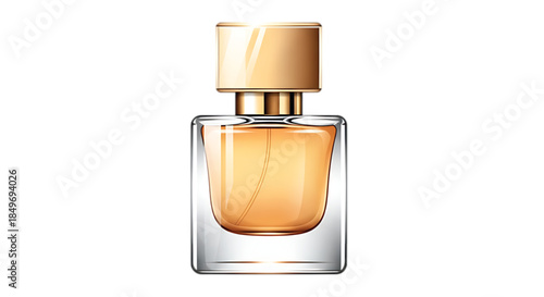 Elegant glass perfume bottle with golden cap, evoking luxury and sophistication