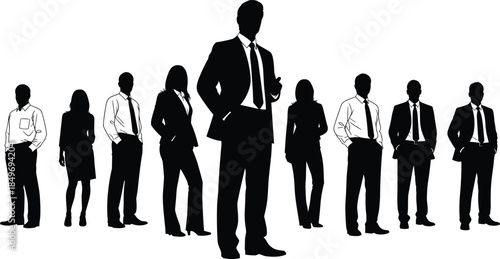Business leader silhouette standing in front of professional team, symbolizing leadership, corporate strategy, teamwork, authority, and modern workplace success concepts
