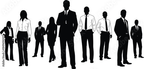 Business leader silhouette standing confidently among professional team, illustrating corporate leadership, authority, teamwork, strategy, and modern workplace success concepts