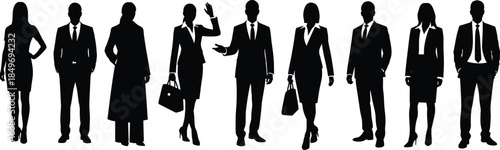Business people silhouettes collection showing professional men and women in formal attire, illustrating corporate teamwork, leadership, and workplace diversity concepts