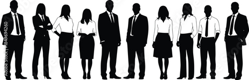 Business people silhouettes standing in a row, illustrating professional teamwork, corporate diversity, leadership roles, and modern office workforce concepts