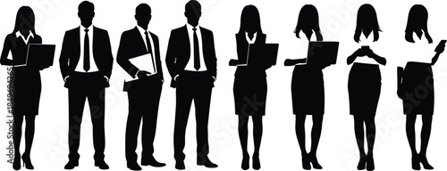 Business people silhouettes holding documents and laptops, illustrating professional teamwork, corporate communication, office roles, and modern workplace diversity concepts