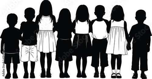 Children silhouettes standing together holding hands, representing unity, friendship, childhood diversity, community support, and inclusive social development concepts