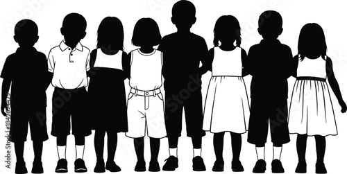 Children silhouettes standing together in a row, symbolizing friendship, diversity, inclusion, education, and community unity in childhood development concepts