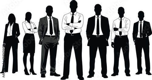 Confident business professionals silhouettes standing together, representing corporate leadership, teamwork, authority, professionalism, and modern office workforce diversity concepts