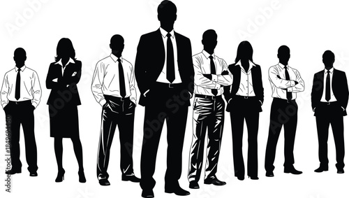 Confident business leader silhouette walking ahead of professional team, symbolizing corporate leadership, authority, teamwork, ambition, and modern workplace success concepts