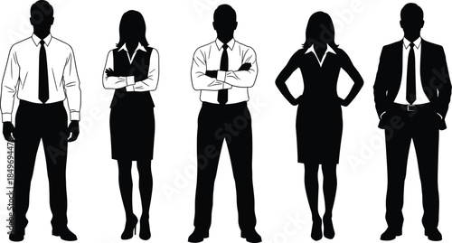 Confident business professionals silhouettes standing together, symbolizing corporate leadership, teamwork, authority, gender diversity, and modern office workforce concepts illustration