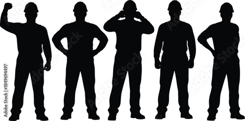 Construction worker silhouettes wearing safety helmets, symbolizing industrial labor strength, teamwork, workplace safety, engineering skills, and modern construction workforce concepts