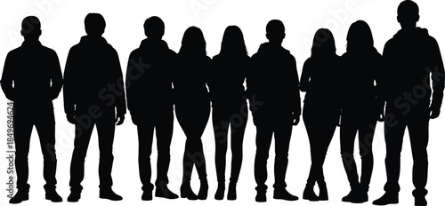 Group of people silhouettes standing together, representing community, diversity, unity, teamwork, social connection, and modern society concepts illustration