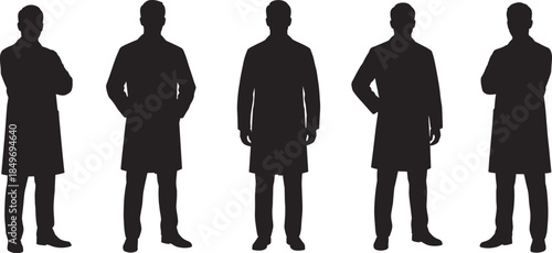 Medical professionals silhouettes standing confidently in lab coats, representing healthcare expertise, teamwork, clinical service, and modern medical workforce