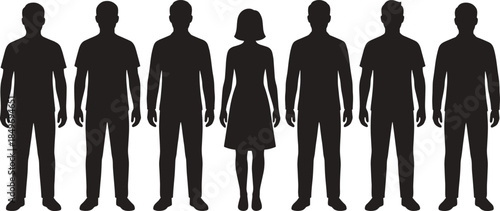People silhouettes standing in a row, representing human figures, gender diversity, unity, teamwork, society, and modern community concept illustration